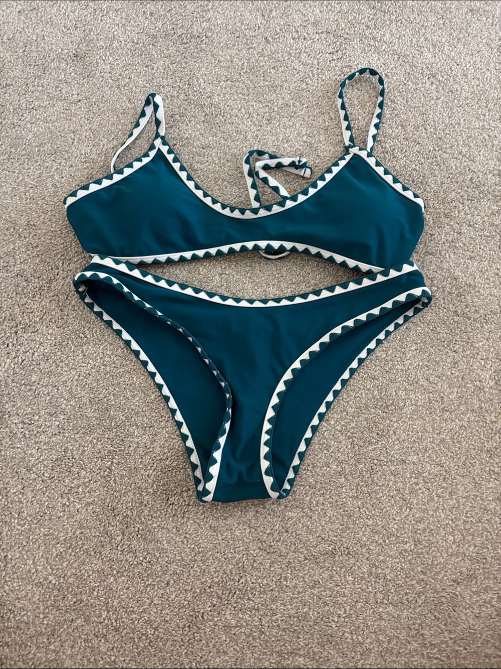 Teal Two-Piece One Piece Style Swim Set with White Trim